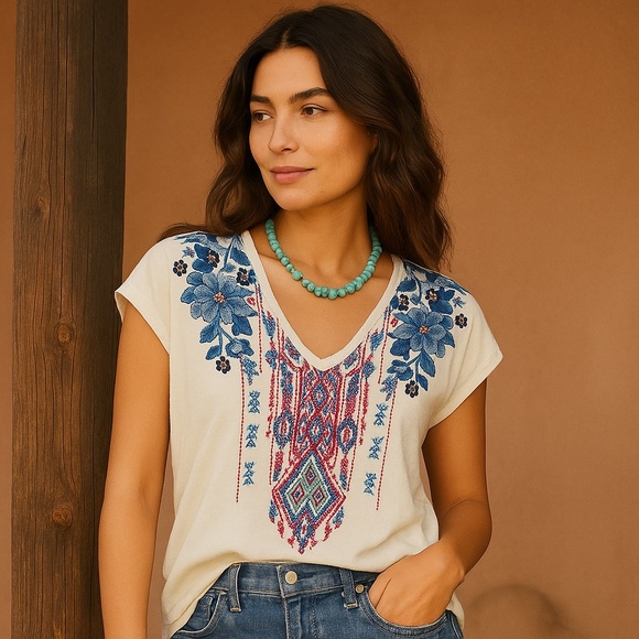 Johnny Was Cap Sleeve V-Neck Knit Top Blue Red Floral & Tribal Embroidery Size L - Picture 3 of 13